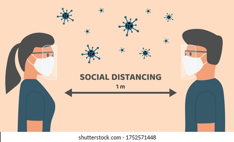 Precautions for the coronavirus epidemic COVID-2019. Wear a mask and stay away from people for a distance of one meter.
Illustration about keeping distance to prevent infection