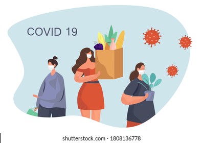 Precautions during Quarantine.Coronavirus covid-19 Prevention in Shop.Characters in Medical Mask Buying Groceries.Shopping in Pandemic.Protect yourself.Flat Vector Illustration