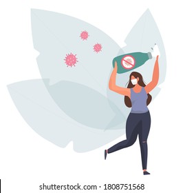 Precautions during Quarantine.Coronavirus covid-19 Prevention.Character Girl in Medical Mask Carries Detergents.Protect yourself.Wash your Hands.Flat Vector Illustration