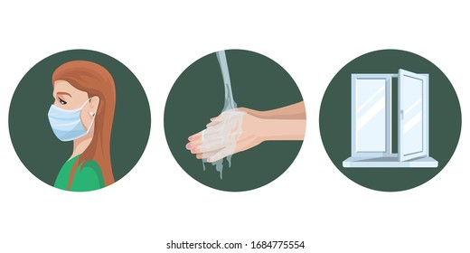 Precautions during spread of virus. Wearing medical mask, washing hands, ventilating room.