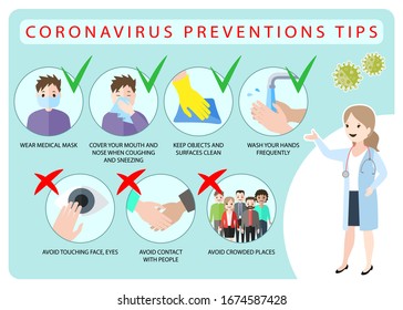 Сoronavirus precautions Infographics, washing hand, avoid touching eyes, wear face mask and avoid crowded places. Vectors illustration in flat design