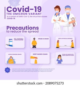 Precautions To Reduce The Spread Of Covid-19 Omicron Variant As Poster Design With Doctors Character.