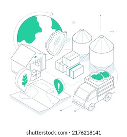 Precede production and loading - colorful isometric line illustration. Composition with warehouse, grain elevator, truck with goods and map with marked supply locations