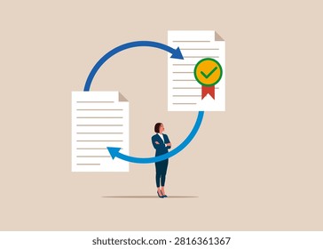 Precedent. Exchange of documents. studying working documentation and teamwork. Modern vector illustration in flat style