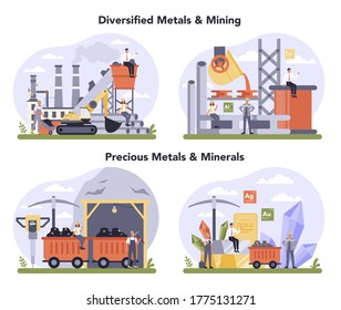 Precios metal and minerals, non-ferrous metal and mining set. Steel or metal production process. Metallurgy industry, mineral extraction. Global industry classification standard. Vector illustration