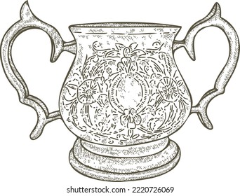 Precious antique goblet sketch engraving vector illustration. T-shirt apparel print design. Scratch board imitation.