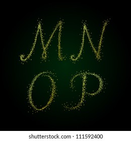 Precious capital letters M N O P spraying script font with gold sand. Golden fantasy sparking initial on dark shiny background