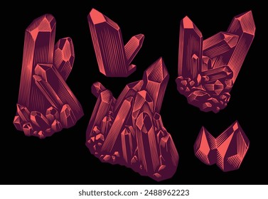 Cristales preciosos. Conjunto de diseño. Ilustración dibujada a mano. Vector grabado vintage. Aislado sobre fondo negro. 8 EPS