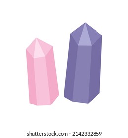 Preciosos cristales de color rosa y lila en un estilo sencillo en forma de prisma. Ilustración vectorial de minerales de roca.