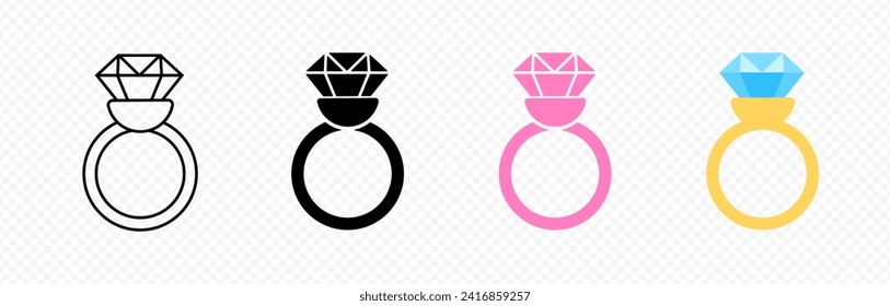 Precious diamond ring set. Expensive wedding and engagement gift with jewelry romantic design and gold with black vector silhouette