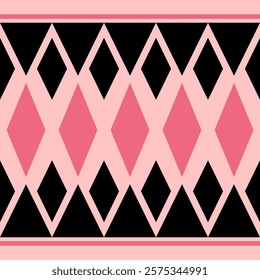 Precious Diamond Stripe Argyle Pattern. Minimal Embroidery Design Wools Pink and Black Motif Traditional Seamless Vector. Modern Navajo Abstract Geometric Border Decoration for Apparel Bandana Shawl