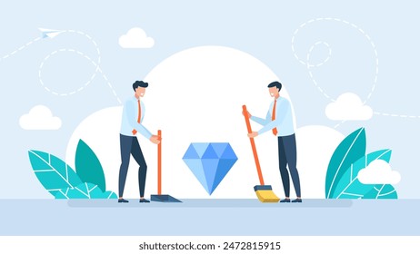 The precious diamond is thrown away. Depreciation of talent. Find a diamond in the trash heap. Broom, dustpan, garbage. Two men throw a jewel into the trash. Flat vector illustration.