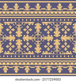 Precious Elaborate Golden Silk Weaves Scroll Ornament. Detailed of Gold Embroidery Pattern On Navy Blue Background. Super Elegance Grand Luxury Border Decoration Vector. Royal Deluxe Apparel Fabrics.