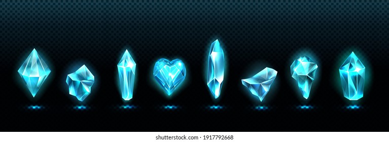 Precious Emerald Stones, Shiny Blue Glass Crystals Isolated On Transparent Background. Vector Realistic Set Of Glow Gemstone In Shape Of Heart And Crystal Gems With Magic Light