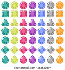 Precious gems Flat icons set. Square, round, pear shaped gemstones. Vector elements isolated on white