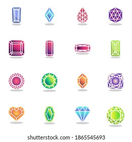 Precious gemstones collection, gem for game flat icons set, Colorful symbols pack contains - jewel diamond, sapphire, emerald, ruby, gem. Vector illustration. Flat style design