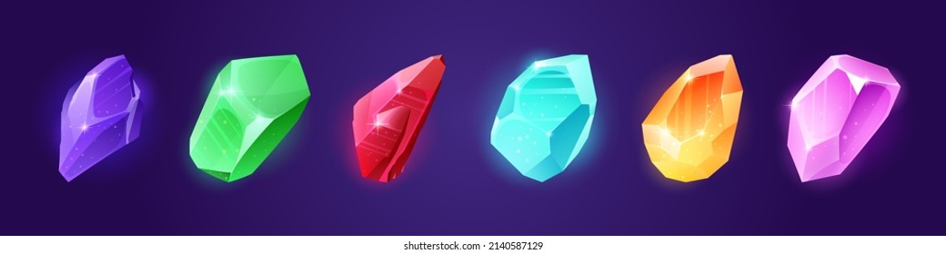 Precious gemstones, color crystal stones. Vector cartoon set of shiny gems, ruby, diamond, amethyst and emerald. Game icons of magic jewel crystals isolated on background