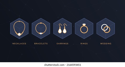 Precious gold jewellery categories displayed in a VR menu interface