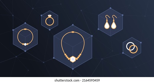 Precious gold jewellery displayed in VR metaverse background