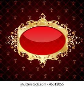 precious, gold, oval frame with an original author pattern on a dark red background with the gilded pattern.