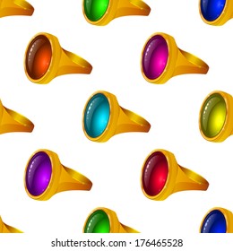 Precious gold rings with gems of various colors, seamless background for jewelry web design. Eps10, contains transparencies. Vector