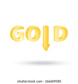 precious Gold value symbol with  arrow down indicating decreasing price 