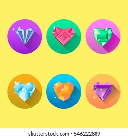 Precious heart vector illustration in flat design. Set of flat icons with diamond heart and  drop shadow effect.