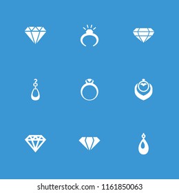 Precious icon. collection of 9 precious filled icons such as gem, ring, earring, diamond. editable precious icons for web and mobile.
