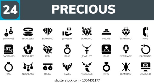 precious icon set. 24 filled precious icons.  Collection Of - Earrings, Bracelet, Diamond, Jewelry, Ingots, Ring, Necklace, Gem, Rings, Jewel