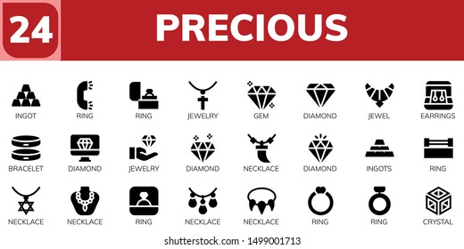 precious icon set. 24 filled precious icons.  Collection Of - Ingot, Ring, Jewelry, Gem, Diamond, Jewel, Earrings, Bracelet, Necklace, Ingots, Crystal
