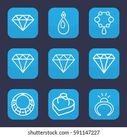 precious icon. Set of 9 outline precious icons such as gem, ring, necklace, diamond, earring
