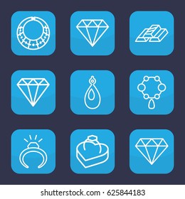 Precious icon. set of 9 outline precious icons such as gem, ring, necklace, diamond, earring, ring in box