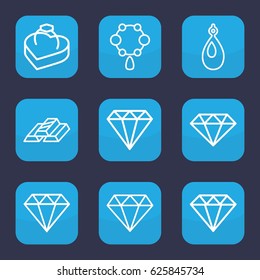 Precious icon. set of 9 outline precious icons such as gem, necklace, diamond, earring, Diamond, ring in box