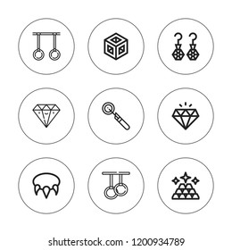 Precious icon set. collection of 9 outline precious icons with earrings, diamond, crystal, ingots, laryngeal mirror, necklace icons. editable icons.