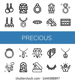 precious icon set. Collection of Rings, Earrings, Troglodyte, Pendant, Ring, Necklace, Crystal, Diamond, Diamond ring, Bracelet, Wedding ring, Bead, Jewelry icons