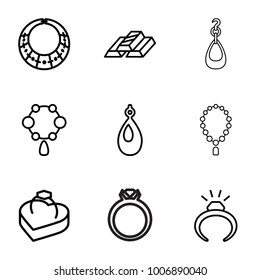 Precious icons. set of 9 editable outline precious icons such as ring, necklace, earring, ring in box