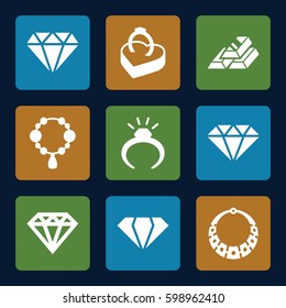 precious icons set. Set of 9 precious filled icons such as gem, ring, necklace, diamond, Diamond, ring in box