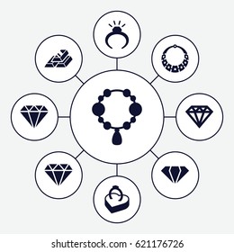 Precious icons set. set of 9 precious filled icons such as gem, ring, necklace, diamond, Diamond, ring in box