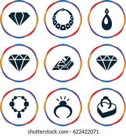 Precious icons set. set of 9 precious filled icons such as gem, ring, necklace, diamond, earring, ring in box