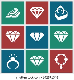 Precious icons set. set of 9 precious filled icons such as gem, ring, necklace, diamond, diamond, ring in box