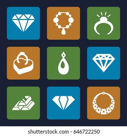 Precious icons set. set of 9 precious filled icons such as gem, ring, necklace, diamond, earring, diamond, ring in box