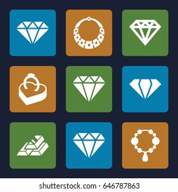 Precious icons set. set of 9 precious filled icons such as gem, necklace, diamond, diamond, ring in box