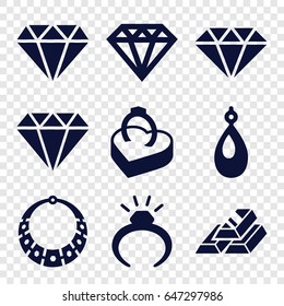 Precious icons set. set of 9 precious filled icons such as ring, diamond, earring, diamond, ring in box, gem, gold bar