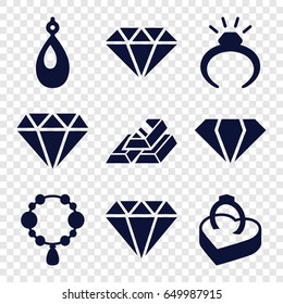 Precious icons set. set of 9 precious filled icons such as gem, ring, necklace, diamond, earring, ring in box