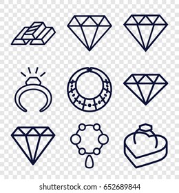 Precious icons set. set of 9 precious outline icons such as gem, ring, necklace, diamond, ring in box