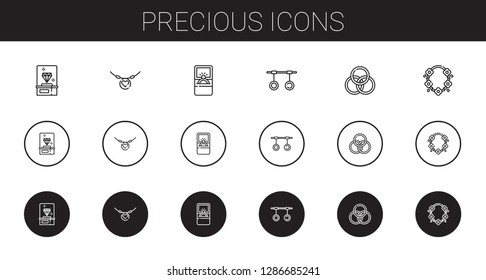 precious icons set. Collection of precious with diamond, necklace, engagement ring, rings. Editable and scalable precious icons.