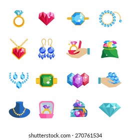 Precious jewels beautiful luxury accessories and adornments icons flat set isolated vector illustration