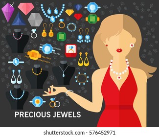 Precious jewels concept background. Flat icons.