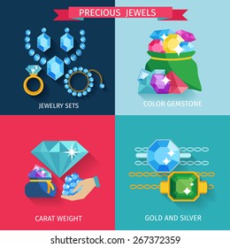 Precious jewels design concept set with gold and silver jewelry color gemstone flat icons isolated vector illustration