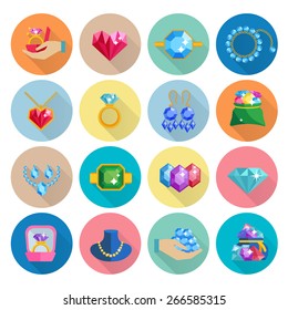 Precious jewels icons flat set with luxury earrings rings bracelets and necklaces isolated vector illustration